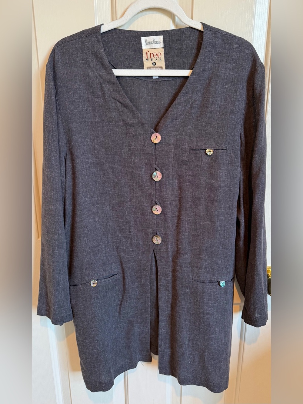 Vintage 90’s Neiman Marcus Free Wear Linen Blend Tunic Coat Size L Gray